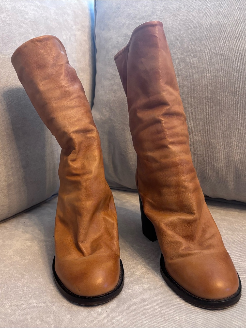 Free People Tan Leather Mid-Calf Block Heel Boots